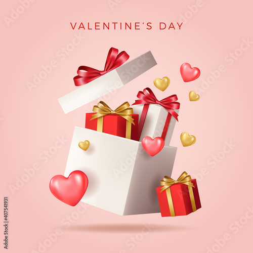 Valentine's day design. Realistic red gifts boxes. Open gift box full of decorative festive object. Holiday banner, web poster, flyer, stylish brochure, greeting card, cover. Romantic background