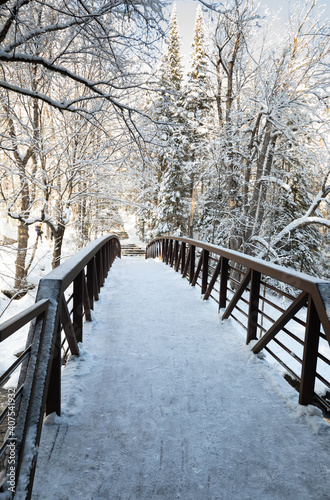 Bridge on Stubbs Falls trail in Arrowhead Park forest in winter in Ontario