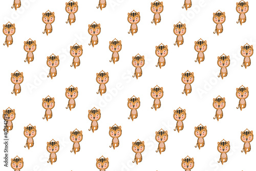 Children's cartoon seamless pattern of cute little joyful tiger cubs in yoga asanas Vrikshasana tree pose on white background. The endless texture of sporty ginger cats. Vector.