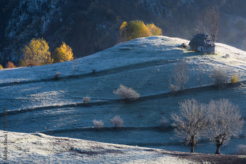 Landscape with frost covered mountains
