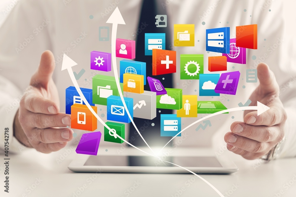 Businessman and tablet pc with media business illustration Businessman and tablet pc with media business illustration