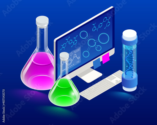 Isometric Analysis Lab, Chemical Laboratory Science. Research Teams in Chemistry Experiments, Health Sciences, Life Sciences. Laboratory and Development Concept
