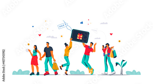 Shopping people with bags and clients gift cards  flat vector illustration on white background. Happy shoppers or buyers  men and women characters.  Sale and shops discounts.