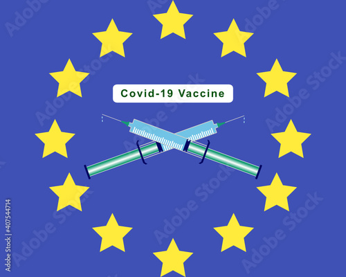 Im Kreis angeordnete gelbe fünfzackige Sterne in deren Mitte sich zwei gekreuzte Spritzen und der Text Covid-19 vaccine befinden vor blau lila Hintergrund