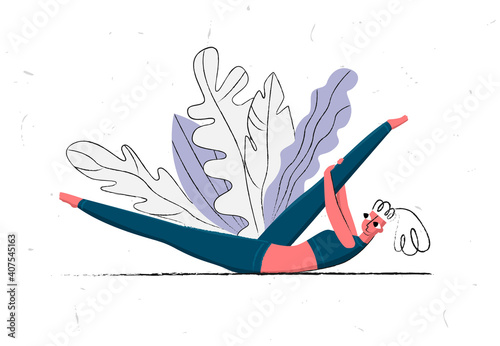 Vector flat illustration with young woman who performs leg, abs exercise from Pilates, stretching. Concept healthy, active lifestyle. Craft paper background and botanical elements.