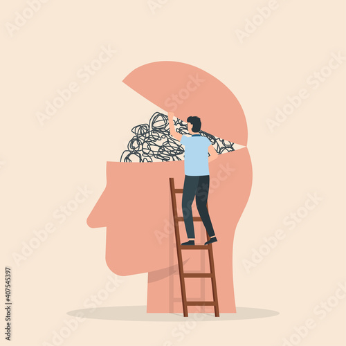 Humans head silhouette with messy lines of thinks. Mental disorder icon. Vector illustration.