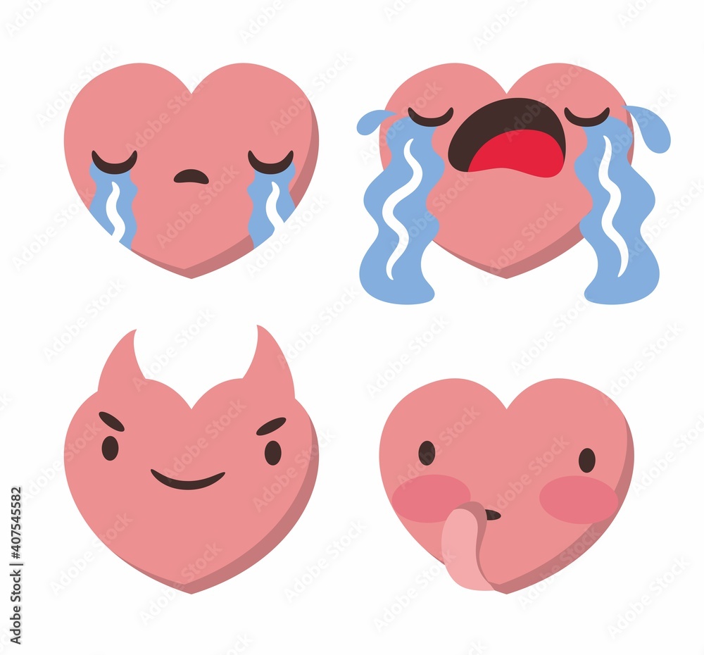 Set of four heart shaped emoticons. Vector emoji heads in the shape of hearts with different emotions on the face. Icons isolated on white background Set of four heart shaped emoticons. Vector emoji heads in the shape of hearts with different emotions on the face. Icons isolated on white background