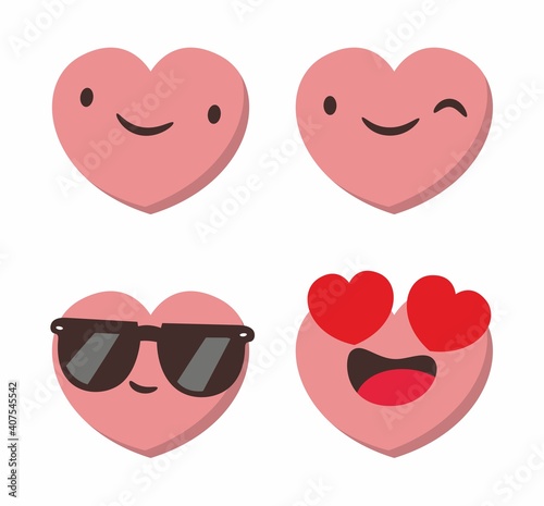 Set of four heart shaped emoticons. Vector emoji heads in the shape of hearts with different emotions on the face. Icons isolated on white background