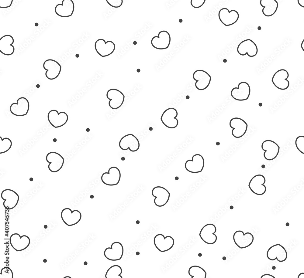 Endless seamless pattern of hearts of different directions. White contour vector hearts. Wallpaper for wrapping paper. Background for Valentine's Day