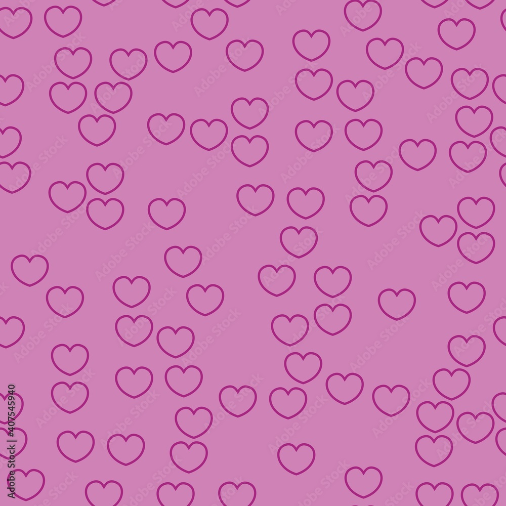 Endless seamless pattern of purple contour hearts. Vector hearts on violet. Wallpaper for wrapping paper. Background for Valentine's Day