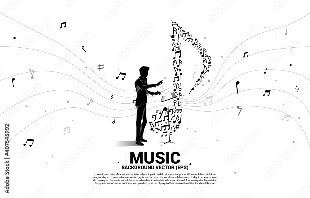 Vector silhouette of conductor with music icon shaped from key note dancing . Concept background for song and concert theme. Vector silhouette of conductor with music icon shaped from key note dancing . Concept background for song and concert theme.