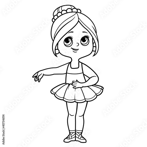 Beautiful cartoon ballerina girl in lush tutu outlined for coloring isolated on a white background