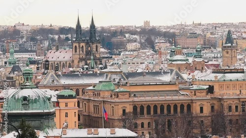 Panoramic view of the historical part of Prague from tourist viewpoint Chotkovy sady in winter.  photo