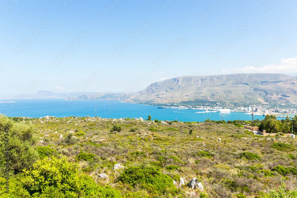 Beautiful panorama of the Chania (Crete, Greece) coastine and mountains. Perfect summer destination on the mediterranean sea.