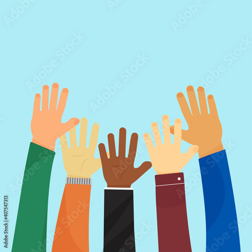 Raised up vector hands of different race skin color on blue background. Volunteering charity, concept of education, business training. Colorful clothes. Diversity concept. People illustration