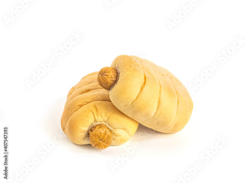 Bread with Sausage on white background. Two sausage bread isolated picture. Homemade bakery concept.