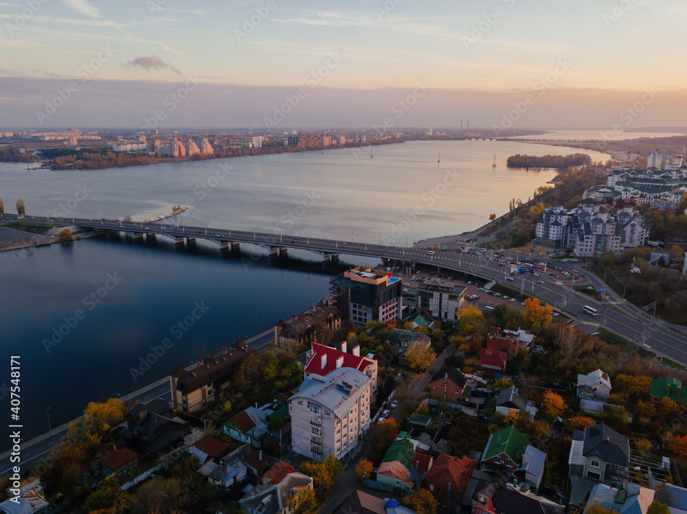 Evening autumn Voronezh, Chernavsky bridge, aerial view