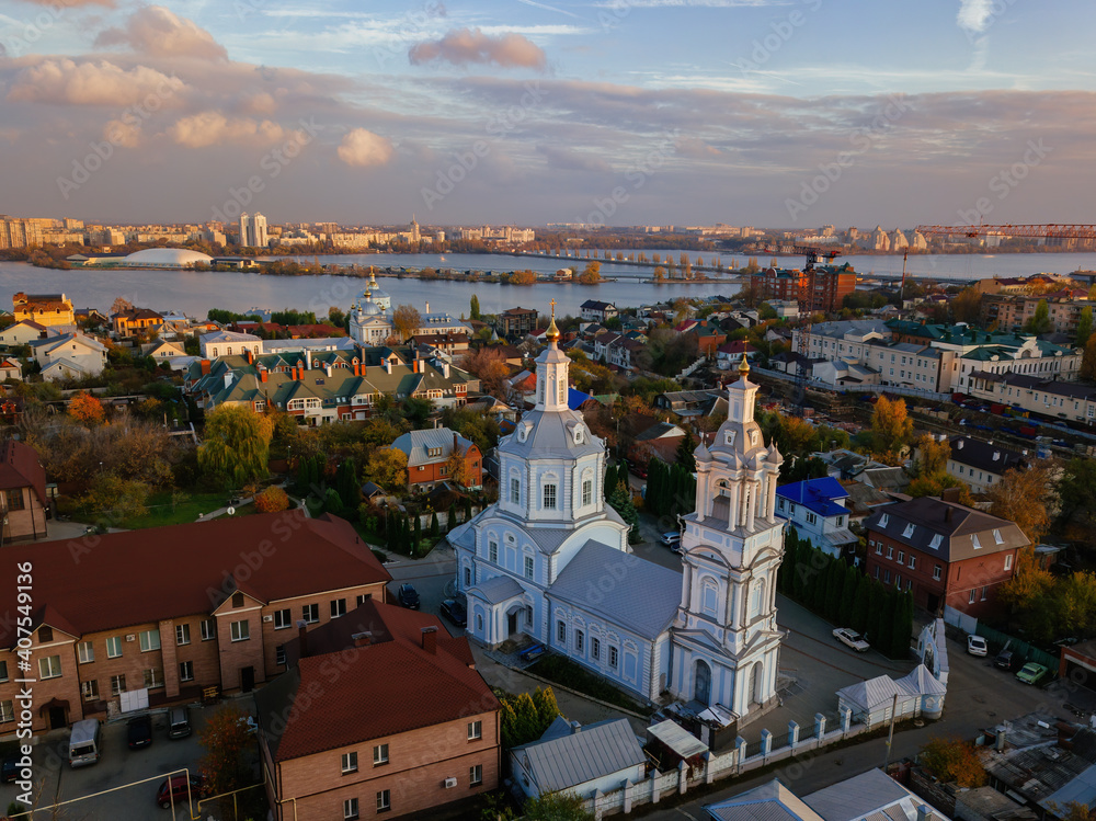 Evening autumn Voronezh, Vvedenskaya church, aerial drone view