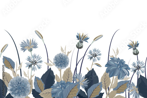 Vector floral seamless border. Flower background. Seamless pattern with blue cornflowers, dahlias, thistles flowers, blue, brown leaves. Floral elements isolated on white background.