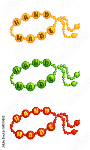 Set of three different colored bracelets with the inscription Hand Made on white background	