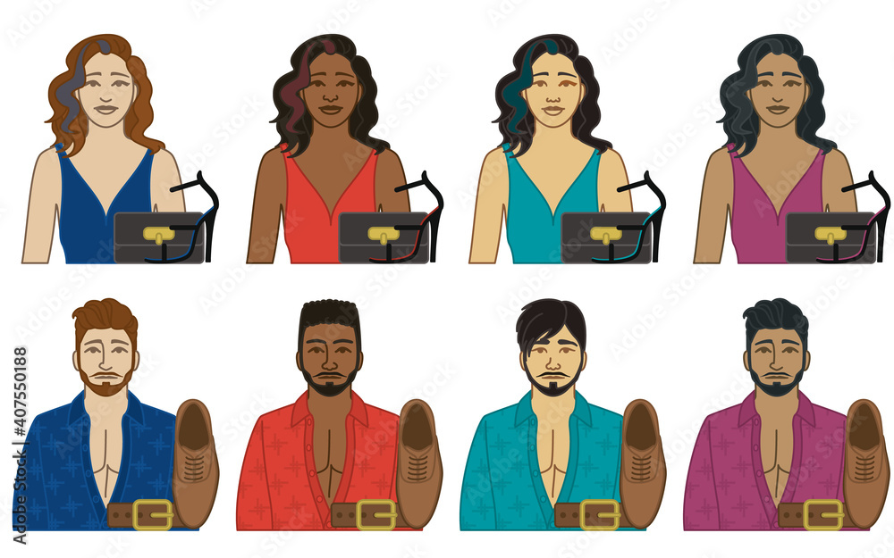 diversity, race, ethnicity of fashion model vector icons, male wearing open shirt and female wearing dress, with accessories, isolated on a white background diversity, race, ethnicity of fashion model vector icons, male wearing open shirt and female wearing dress, with accessories, isolated on a white background
