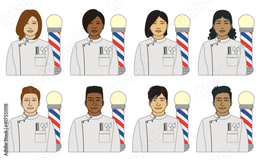 diversity, race, ethnicity of barber, hairstylist vector icons, male and female, wearing uniform with comb and scissors in pocket, including barber pole, isolated on a white background 