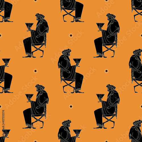 Seamless geometrical pattern with silhouettes of ancient Greek god Dionysus. Vase painting ethic style.
