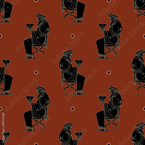 Seamless geometrical pattern with silhouettes of ancient Greek god Dionysus. Vase painting ethic style.