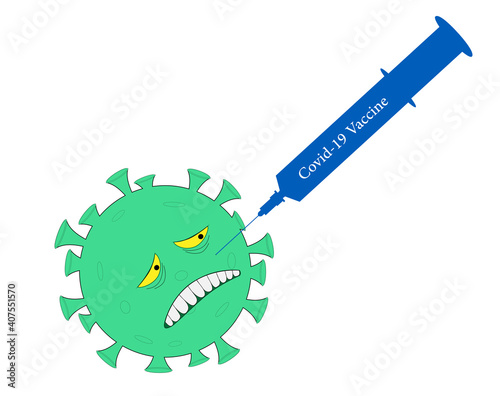 Corona-Virus wird geimpft und guckt ängstlich und böse weil es stirbt,
Stop Verbreitung mit Impfung,
Vektor Illustration isoliert auf weißem Hintergrund
