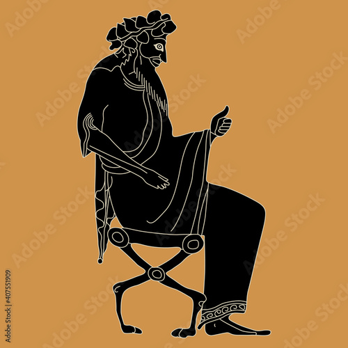 Seated ancient Greek god or man. Vase painting motif. Ethnic style.