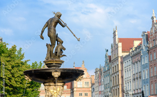 Neptune's Fountain sculpture in the center of Gdansk, Poland