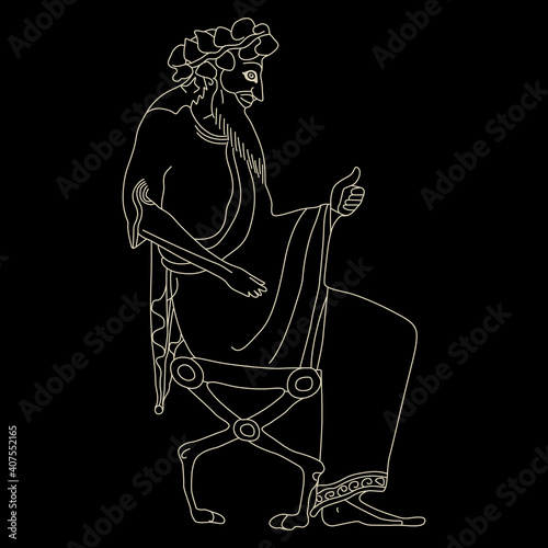 Seated ancient Greek god or man. Vase painting motif. Ethnic style. Black and white linear silhouette.