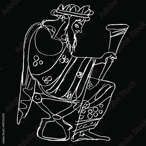 Sitting ancient Greek god Dionysus holding rhyton of wine. Vase painting style. Hand drawn linear doodle sketch. White silhouette on black background.