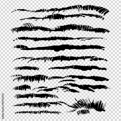 Black abstract fur or grass texture thick brush textured strokes on imitation transparent background