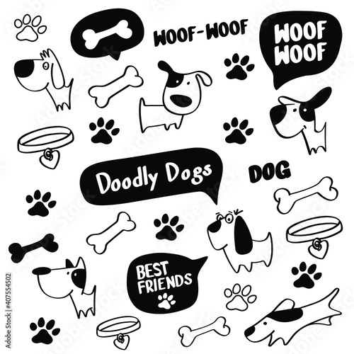 Cute hand drawn set of doodle dogs, dog paws and bones.