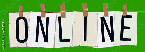 Word "Online" attached to the rope with hairpins