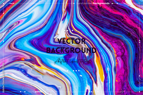 Fluid art texture. Background with abstract iridescent paint effect. Liquid acrylic artwork with flows and splashes. Mixed paints for posters or wallpapers. Blue, pink and yellow overflowing colors