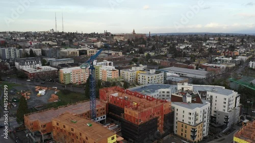 Cinematic aerial drone dolly  footage of First Hill, Yesler Terrace, Atlantic, Cherry Hill, Squire Park, skyscrapers and high-rise commercial and residential buildings downtown Seattle, Washington photo