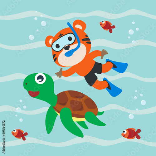 Diving with funny tiger and turtle with cartoon style. Creative vector childish background for fabric  textile  nursery wallpaper  poster  card  brochure. vector illustration background.