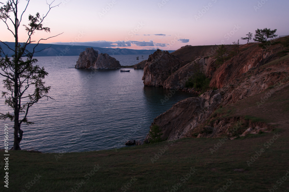 Cape Burkhan or Shamanka Rock in Russia, Olkhon island on Lake Baikal in summer in the evening