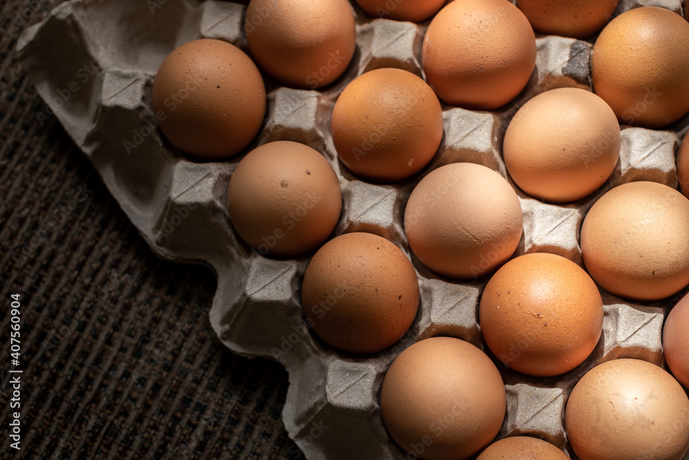 Closeup on fresh chicken eggs on carton with sunlight Closeup on fresh chicken eggs on carton with sunlight