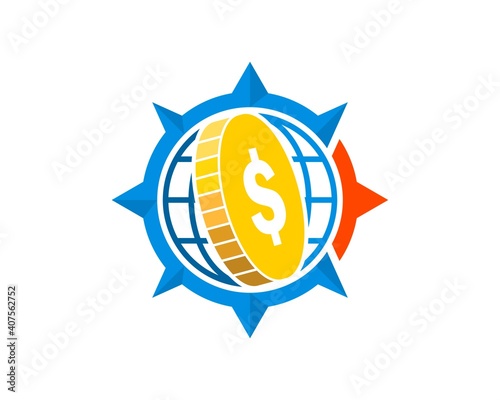 Nautical compass with globe and money coin