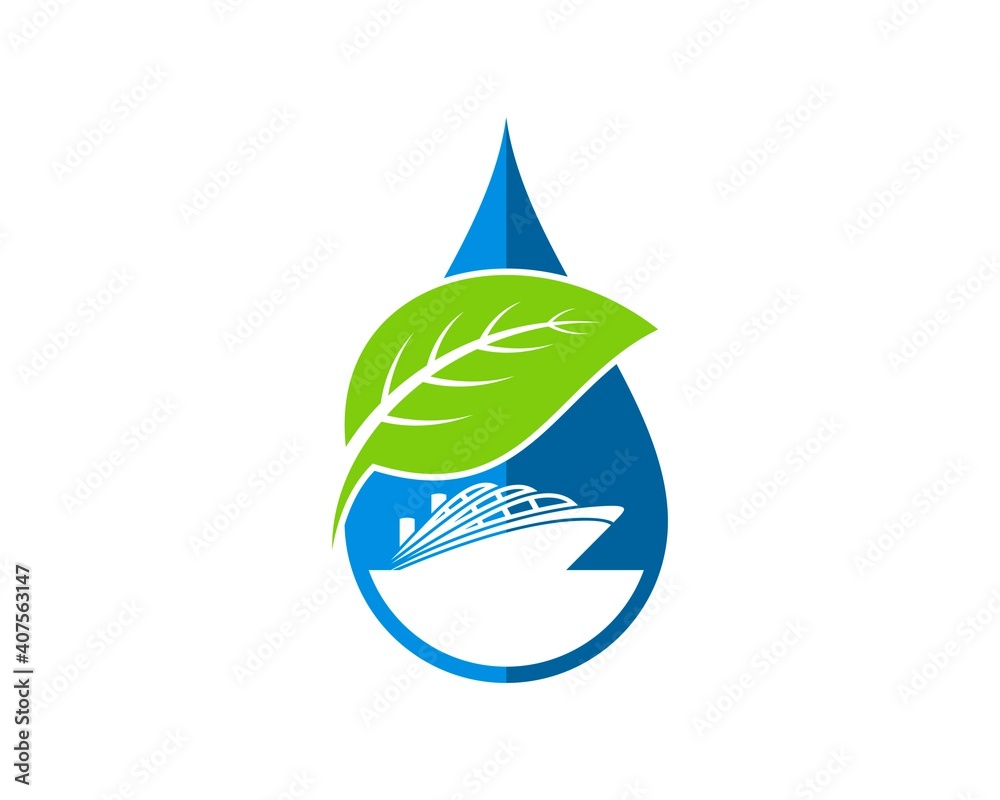 Water drop with modern ship and nature leaf Water drop with modern ship and nature leaf