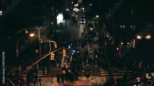 police form barricade against protestors - aerial flyover in New York City NYC
