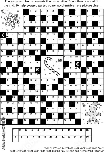 Puzzle page with winter holiday themed codebreaker (or codeword, or code cracker) word game. Answer included.
