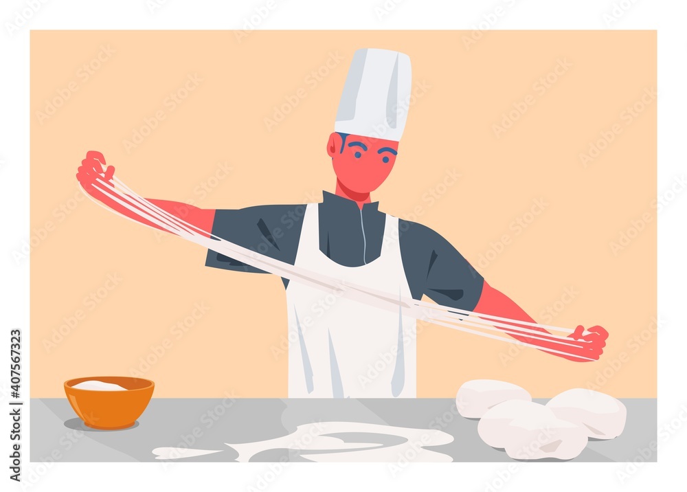 Male chef pulling handmade noodle. Simple flat illustration Male chef pulling handmade noodle. Simple flat illustration