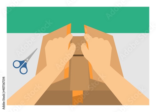 Hand opening paper box. Simple flat illustration
