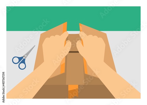 Hand opening paper box. Simple flat illustration photo