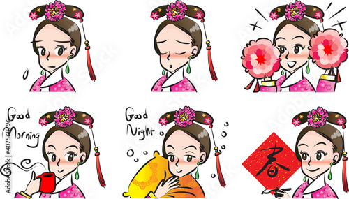 vector cartoon china girl emoji life action set