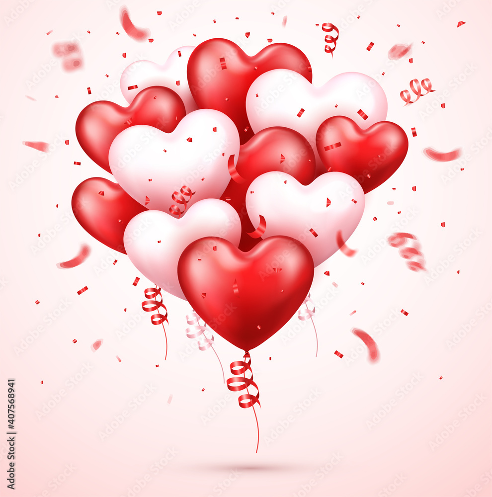 Valentine's day design background. Realistic red 3d balloons and confetti. Holiday decoration romantic background.